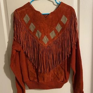 Fringed Rust Sweater with Diamond Accents